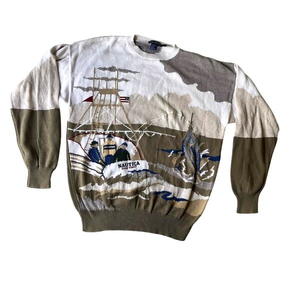 Vintage Nautica Coast Fisherman Crew Deep Sea Swordfish Jacquard Knit Sweater XL - Picture 1 of 7